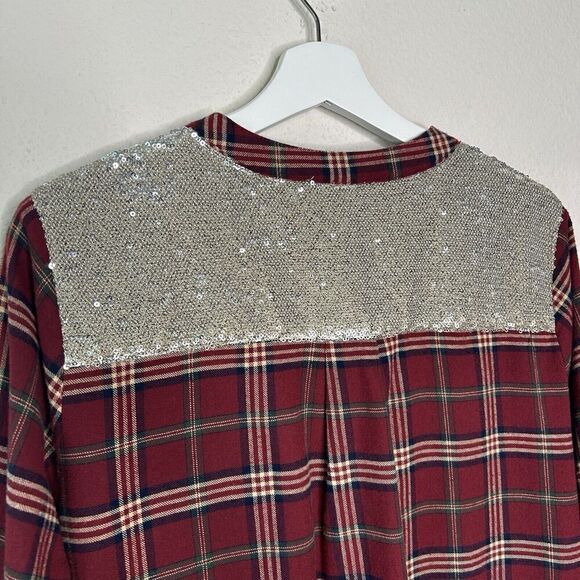 Entro Plaid Red Flannel Pocketed Roll Tab Sleeve Tunic with Sequin Trim L - Picture 9 of 12